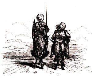 Don Quijote hevosensa selässä, vieressä Sancho aasinsa selässä... tekijältä Charles Albert d