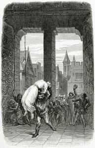 Quasimodo pelastaa Esmeraldan teloituksesta - kuvitus Notre Dame de Parisista, 1800-luku (bw-kaiverrus)
