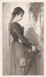 Nuori nainen tuo kukkia markkinarakoon Marian patsaan kanssa Marguerite (otsikko esineessä) tekijältä Charles Alphonse Deblois