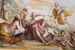Loput Dianasta nymfien joukossa, Charles-Andre van Loo (1705-1765), fresko, holvikatto makuuhuoneessa, kuningattaren asunto, Stupinigi, Piedmont, Italia