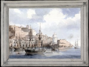 Vue de Malte (Näkymä Maltalle) (Vallettan suuri satama Sant Angelon linnoituksella) - Charles Andrew Dycen (1816-1853) maalaus, akvarelli paperille (25,1 x 34,9 cm), noin 1849 - Yalen yliopisto (USA) tekijältä Charles Andrew Dyce