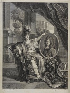 Ludvig XIV (1638-1715), Ranskan kuningas, tieteiden suojelija - Antoine Coypelin kaiverrus kirjaan "History of the Royal Academy of Sciences" 1703 tekijältä Charles Antoine (after) Coypel