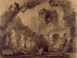 Rauniot, maisemasuunnittelu Giuseppe Verdin (1813-1901) Macbeth-esitykseen Theatre Lyriquessa, Chatelet, Pariisi, 1865 (hiili ja valkoinen liitu paperille) tekijältä Charles Antoine Cambon