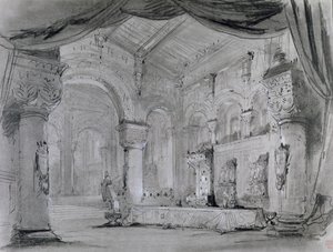 Lavastus palatsin sisustuksesta Giuseppe Verdin (1813-1901) oopperan "Macbeth" esitykseen Theatre Lyriquessa, Chatelet, 1865 (hiili ja valkoinen liitu paperille) tekijältä Charles Antoine Cambon