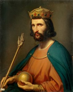 Muotokuva Ranskan kuninkaan Hugues Capetista (941-996) vuonna 987 Hän pitää kädessään maapalloa ja valtikkaa, vallan symboleja. Charles de Steubenin (1788-1856) maalaus 1800-luvun aurinko. 0,91x0,74 m. - Hugues Capetin (941-996), Ranskan kuninkaan muotokuv