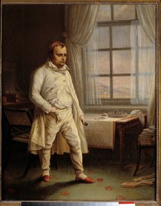 Napoleon I:n (1769-1821) muotokuva Sainte Helenestä kappaleessa Longwoodissa sanelemassa muistomerkkejään Charles Auguste Steubenin (1788-1856) maalaus 1820 su. 0,62 x 0,51 m Ile D