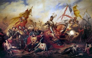 Uskonsodat (1562-1598): "" Ranskan kuningas Henrik IV (1553-1610) Ivryn taistelussa 14.3.1590"" Kuninkaallinen armeija voitti Katolisen liigan armeijaa vastaan. Yksityiskohta Charles de Steubenin (1788-1856) maalauksesta 1800-luvun aurinko. 4,2x8,1 m - Wa