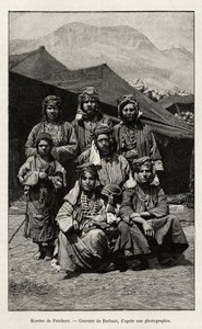 Petcharan kurdit (Turkki). Barbantin kaiverrus havainnollistamaan Madame B. Chantren tarinaa "Häpi Venäjän Armenian, Karabaghin, Araxin laakson, Araratin vuoriston" Le tour du Mondessa 1892, ohjaajana Edouard Charton (1807-1891), Hachette, Pariisi.