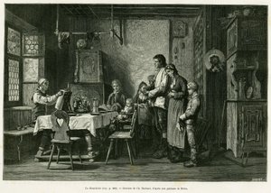 Benediciitti. Barbant-kaiverrus Brionin maalauksen jälkeen havainnollistamaan tarinaa A Through Alsace and Lorraine, Charles Grad, saksalainen deputer, vuonna 1884, tour du monde 1886, ohjaaja Edouard Charton (1807-1890), Hachette, Paris. tekijältä Charles Barbant