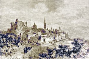 Näkymä Spoletosta, kuvitus Victor Duruyn teoksesta "History of Rome", julkaistu 1884 (digitaalisesti parannettu kuva). tekijältä Charles Barbant