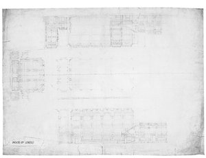 Suunnittelu House of Lordsin itä-, länsi- ja pohjoiskorkeuksiin, n. 1842 (kynä paperille)
