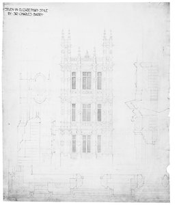 "Study in Elizabethan Style", piirustus parlamenttitalolle, n. 1836-1840 (kynä ja muste paperille)