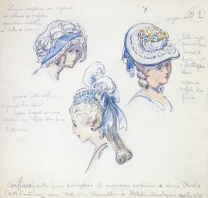 Kampaukset ja päähineet Camillen roolia varten Alfred de Musset