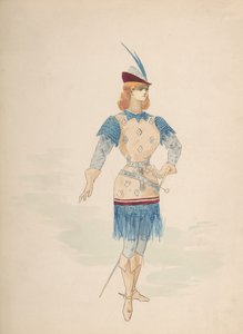 Pukusuunnittelu Cavalierille sinisenä ja viininpunaisena höyhenpeitteellä ja miekalla, n.d.