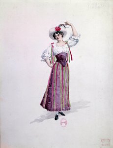 Nuoren naisen puku (Nedda vai Colombine?) Ruggero Leoncavallon (1857-1919) oopperaan "" Paillasse"" (de pagliacci, klovnit) vuodelta 1892. Charles Bianchinin (1860-1905) akvarelli