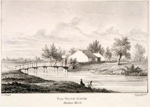 Valkoinen talo Lea-joen rannalla, Hackney Marsh, Lontoo, 1830 tekijältä Charles Bigot