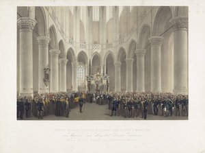 Edesmenneen Hänen Majesteettinsa Anna Pavlovnan, Alankomaiden kuningataräidin, syntyneen Venäjän suurprinssin juhlallinen hautaus Groote Kerkissä Delftissä 17. maaliskuuta 1865 (nimi esineessä) tekijältä Charles Billoin