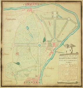 Hampton Courtin palatsin puutarhojen ja puistojen yleissuunnitelma, n. 1713 (kynä ja muste ja wc paperilla) tekijältä Charles Bridgeman