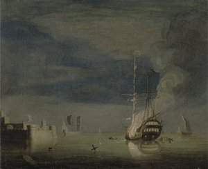 Kaksikerroksinen tulessa yöllä linnoituksen ulkopuolella, n. 1740 (öljy kankaalle) tekijältä Charles Brooking