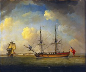 Laiva "Naval Snow", brittiläinen kaksimastoinen alus, jota käytettiin kuninkaallisen laivaston tarvikkeiden kuljetukseen, horisontissa, Fort Tilbury, Thamesilla, Englannissa. tekijältä Charles Brooking