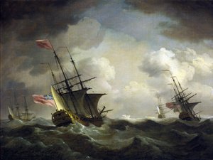 Brittilaivue joutui tuuleen. Öljy kankaalle tekijältä Charles Brooking