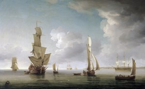 Merenkulku Thamesin suistossa (Englanti), suuri valikoima veneitä ja kuvaus Englannin rannikosta. Öljy kankaalle tekijältä Charles Brooking