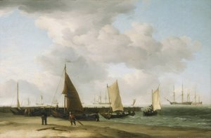 Kohtaus rannalla, horisontissa sotarakennus. Öljy kankaalle tekijältä Charles Brooking