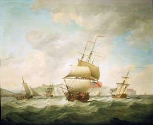 Kauppalaiva ja kuninkaallinen jahti lyövät tuulta, Doverin rannikolla (Englanti). Charles Brookingin (1723-1759) öljy kankaalle, noin 1750. tekijältä Charles Brooking