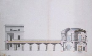 Akaattipaviljongin ja riippupuutarhan poikkileikkaus Tsarskoje Selossa, n. 1780 (kynä ja muste wc:llä paperilla)