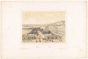 Näkymä Villa Poggio Reale -kadulle, jossa on puita Napolissa Napoli. Jardin Royal / Napoli. Villa Reale (otsikko esineessä) Napolin kuningaskunnan kasvot (sarjan nimi) Royaume de Naples (sarjan nimi esineellä) tekijältä Charles Claude Bachelier