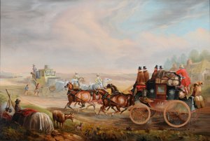 Hull-Londonin kuninkaallisen postin tapaaminen matkavaunujen kanssa tiellä, noin 1835 (öljy kankaalle) tekijältä Charles Cooper Henderson