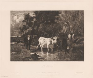 Maisema lehmien kanssa metsän reunalla La Forêt (otsikko esineessä) tekijältä Charles Courtry