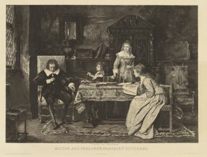 Milton, joka istuu nojatuolissa, sanelee yhdelle tyttärelleen menetettyään paratiisinsa. R.r.h.:ssa Munkacsy vuonna 1878. Reunassa: Ch. Courty d