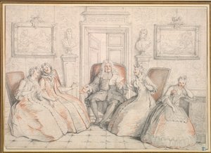 Trissotin lukee Philamintelle, Béliselle ja Armandelle..., luultavasti n. 1725-1726. tekijältä Charles Coypel
