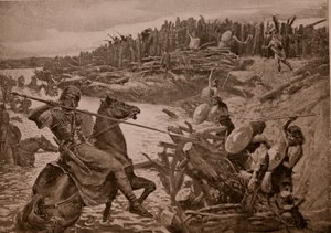 Caesar ylittää Thamesin, kuvitus "Hutchinsonin tarinasta brittiläisestä kansasta", n. 1920