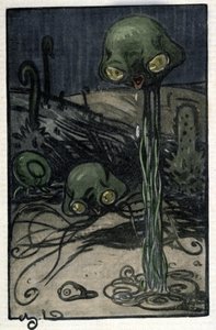 Mars-planeetan asukas. M. Dudouytin (1885-1946) kuvitus Herbert George Wellsin (1866-1946) romaanille "Maailmoiden sota". tekijältä Charles Dudouyt