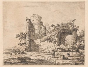 Maisema rauniolla ja paimenella Printtejä, joissa on rauniot maisemissa (sarjan nimi) Cahier de ruines et de paysages (sarjan nimi) tekijältä Charles Echard (attributed to)