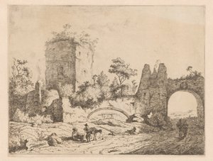 Maisema, jossa on tornin ja portin rauniot Printtejä, joissa on rauniot maisemissa (sarjan nimi) Cahier de ruines et de paysages (sarjan nimi) tekijältä Charles Echard (attributed to)