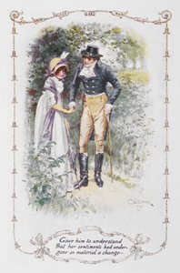 Sai hänet ymmärtämään, että hänen tunteensa olivat kokeneet niin merkittävän muutoksen..., kuva Jane Austenin teoksesta "Ylpeys ja ennakkoluulo" (väri litho) tekijältä Charles Edmund Brock
