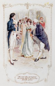 Sir William Lucas: "Herra Darcy, teidän on sallittava minun esitellä tämä nuori nainen teille erittäin haluttavana kumppanina (Elizabeth Bennet)," esimerkki Jane Austenin teoksesta "Ylpeys ja ennakkoluulo"