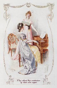 He rauhoittivat kurjuuttaan duetoilla illallisen jälkeen", kuvitus Jane Austenin teokseen "Ylpeys ja ennakkoluulo"