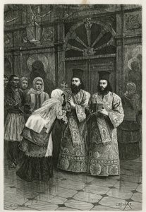 Pritres suutelemassa pyhiä kuvia, Ch.Delortin kaiverrus havainnollistamaan Henri Bellen matkaa Kreikkaan vuosina 1861, 1868 ja 1874, julkaistu tour du monde -lehdessä Edouard Chartonin johdolla. tekijältä Charles Edouard Delort