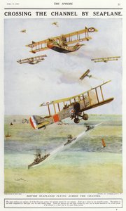 Brittiläiset vesilentokoneet lentävät Englannin kanaalin yli (värilitho) tekijältä Charles Edward (after) Dixon