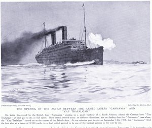 Carmania- ja Cap Trafalgar -alusten välinen alkutaistelu, Etelä-Atlantti, syyskuu 1915. tekijältä Charles Edward Dixon