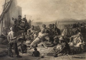"Kohtaus Afrikan rannikolla": orjat ja orjapiiskurit odottavat kuljetusta ulkomaille. tekijältä Charles Edward Wagstaff