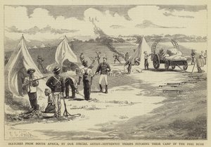 Sketsejä Etelä-Afrikasta, hotentott-joukot perustamassa leiriään Peri Bushissa tekijältä Charles Edwin Fripp
