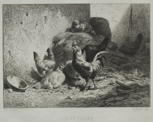 Cock and Hensfinnish tekijältä Charles Emile Jacque