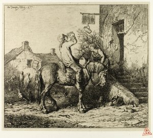 Sisäänkäynti majataloon, jossa on talonpoikaisjuoma tekijältä Charles Emile Jacque