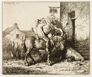Sisäänkäynti majataloon, jossa on talonpoikaisjuoma tekijältä Charles Emile Jacque