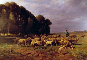 Lammaslauma maisemassa tai "" Paimen ajamassa lammaslaumaa tasangolla"" Charles Jacquen (1813-1894) maalaus 1800-luvun aurinko. 1,76x2,8 m
